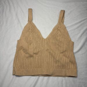 Aerie Tan Sweater Knit Cropped Tank Top LG Whimsy Cottage Cute Preppy